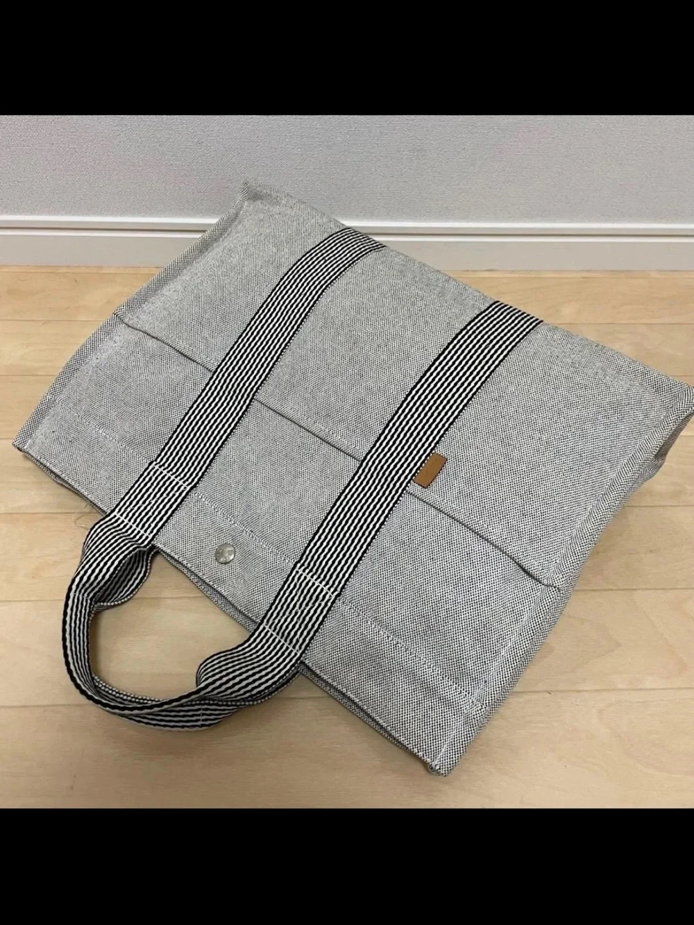 Hermes Gray Canvas Tote with Striped Web Handles